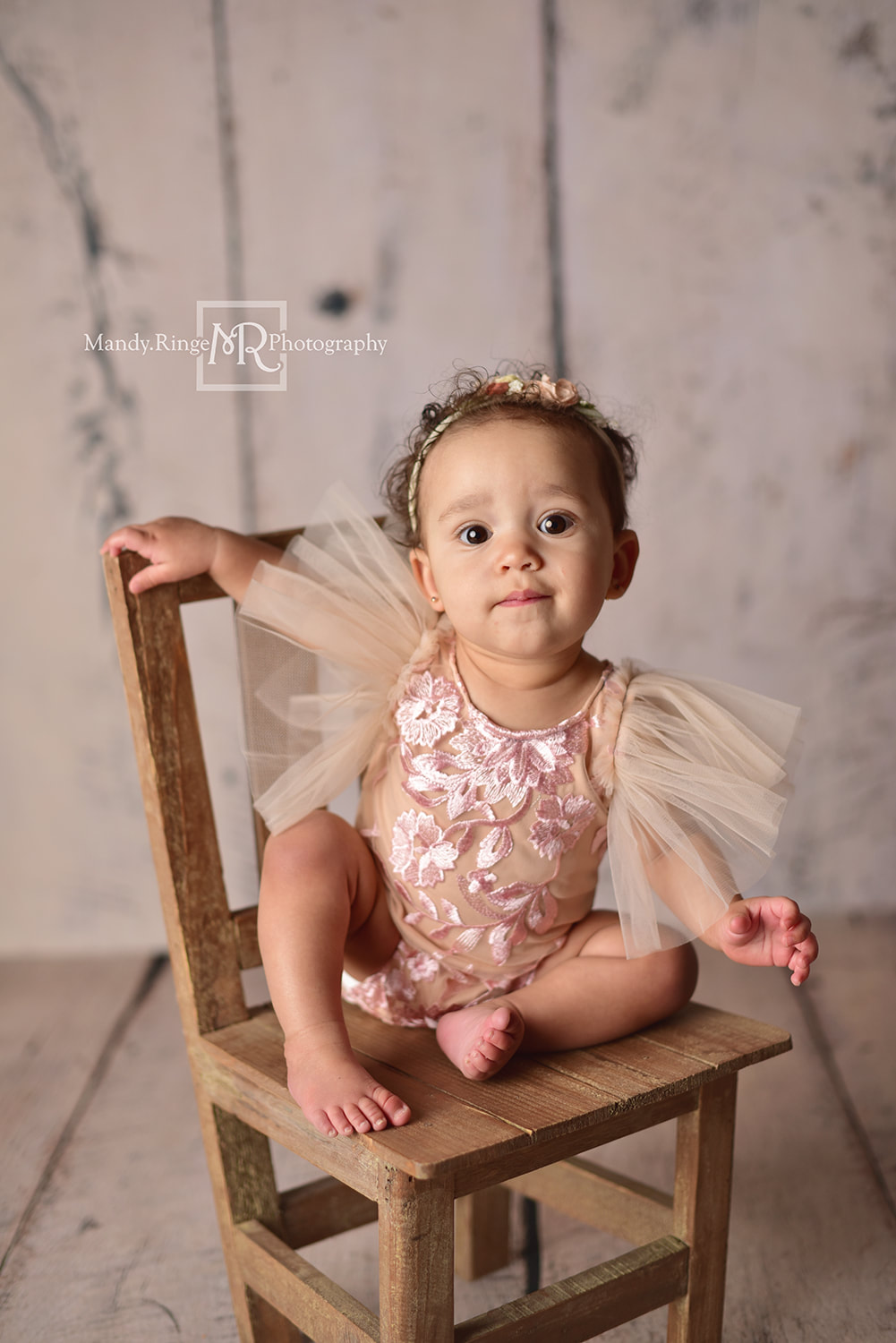 Milestone Session // Girl sitter session, 6 to 12 months,romper from Cora & Violet, Backdrop from Intuitions Backdrops // St. Charles, IL studio // Mandy Ringe Photography