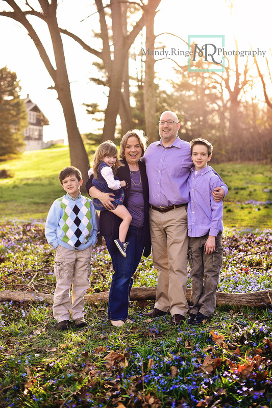 Spring family and extended family portraits // siblings, 3 kids, grandparents, parents, blue flowers // Fabyan Forest Preserve - Geneva, IL // by Mandy Ringe Photography