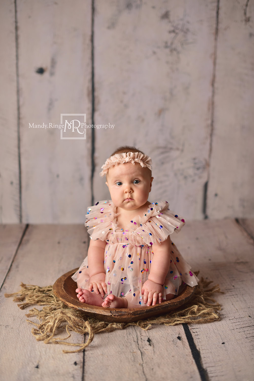 Milestone Session // Girl sitter session, 6 to 12 months, Celebrate dress from Cora & Violet, Backdrop from Intuitions Backdrops // St. Charles, IL studio // Mandy Ringe Photography