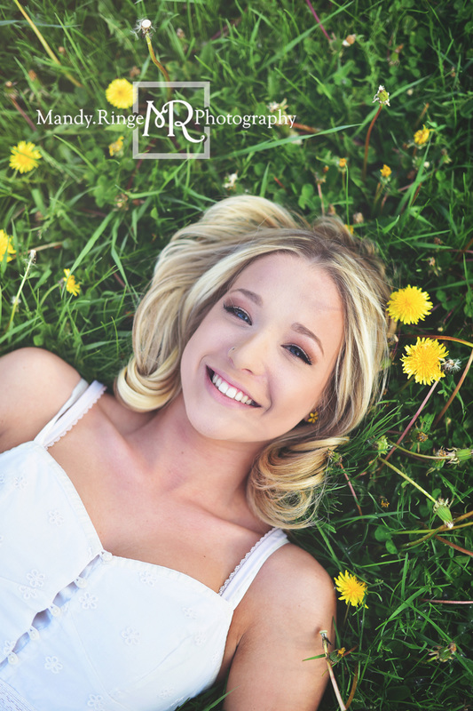 Teen girl senior portraits // outdoors, laying in the grass, dandelions // Leroy Oakes - St. Charles, IL // Mandy Ringe Photography