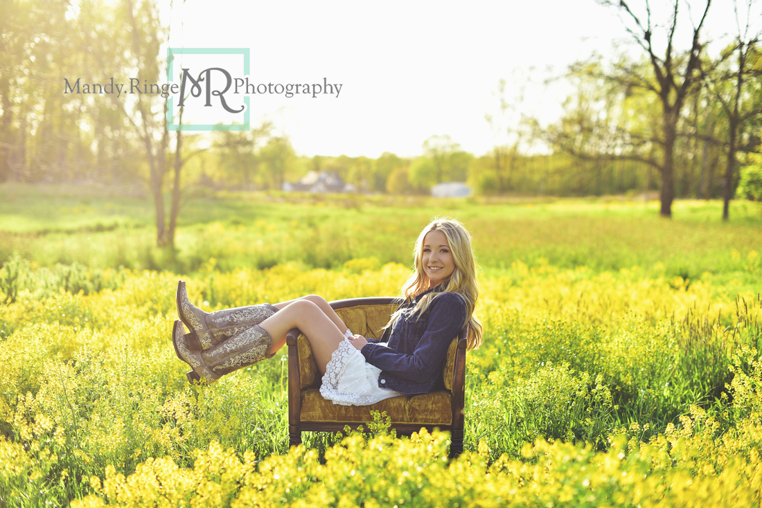Teen girl senior portraits // outdoors, yellow flowers, wild mustard field, vintage chair // Leroy Oakes - St. Charles, IL // Mandy Ringe Photography