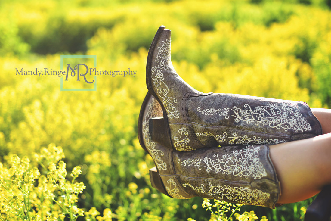 Teen girl senior portraits // outdoors, yellow flowers, wild mustard field, vintage chair, cowboy boots // Leroy Oakes - St. Charles, IL // Mandy Ringe Photography