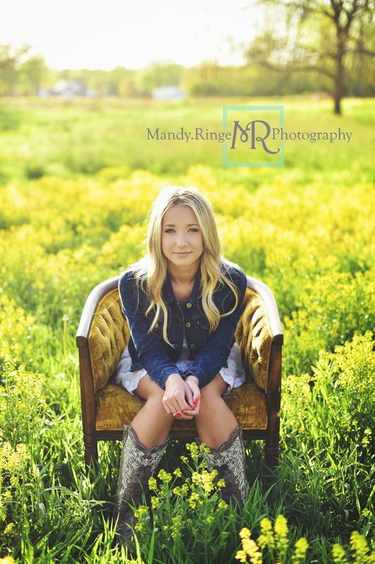 Teen girl senior portraits // outdoors, yellow flowers, wild mustard field, vintage chair // Leroy Oakes - St. Charles, IL // Mandy Ringe Photography