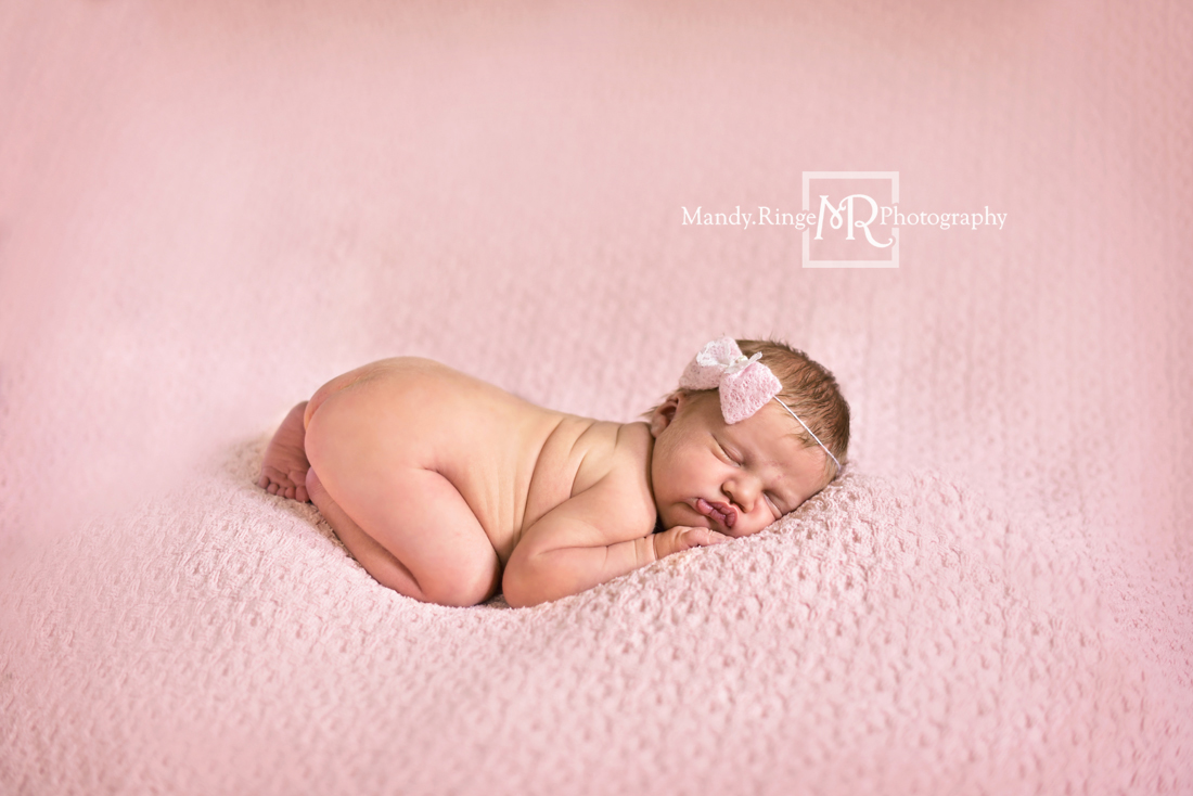 Newborn girl portraits // Pink knit posing blanket, bum up pose // Client's home - St Charles, IL // Mandy Ringe Photography