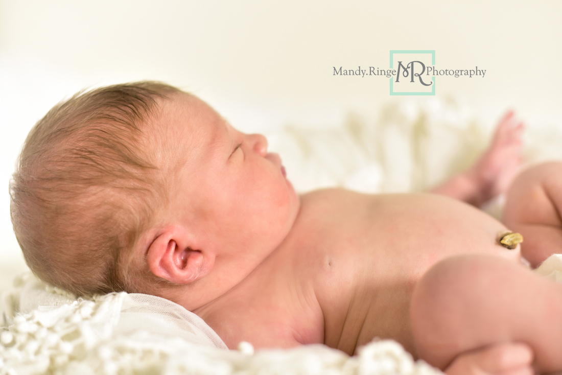 Newborn girl portraits // White woven bowl prop, vintage lace shawl layer, ivory, white // Client's home - St Charles, IL // Mandy Ringe Photography