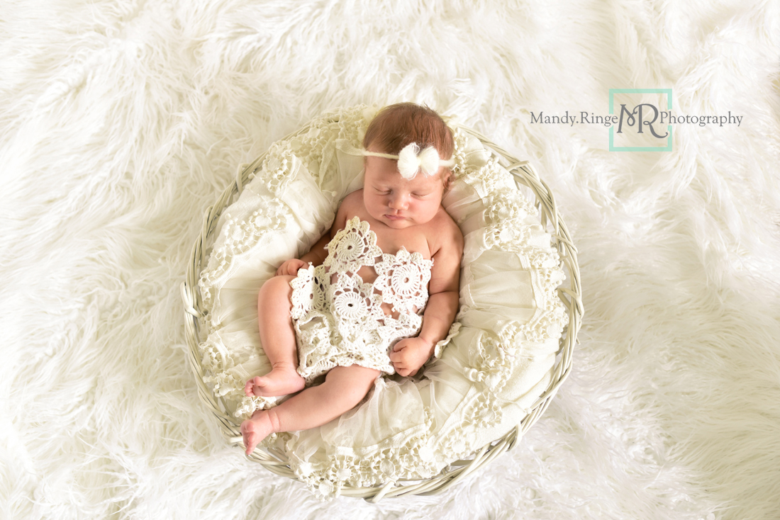 Newborn girl portraits // White woven bowl prop, vintage lace shawl layer, doily, mohair bow tieback, ivory, white // Client's home - St Charles, IL // Mandy Ringe Photography