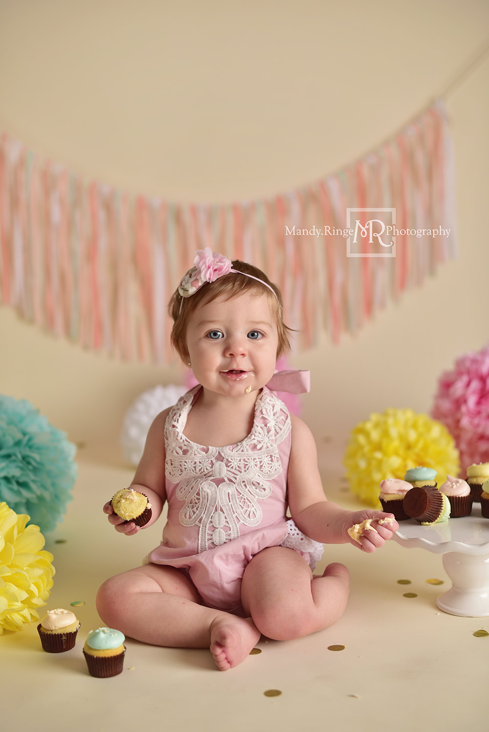 Sibling portraits // girls, cupcakes, pastels, colorful, rainbow, spring, The Sugar Path // St. Charles, IL studio // by Mandy Ringe Photography