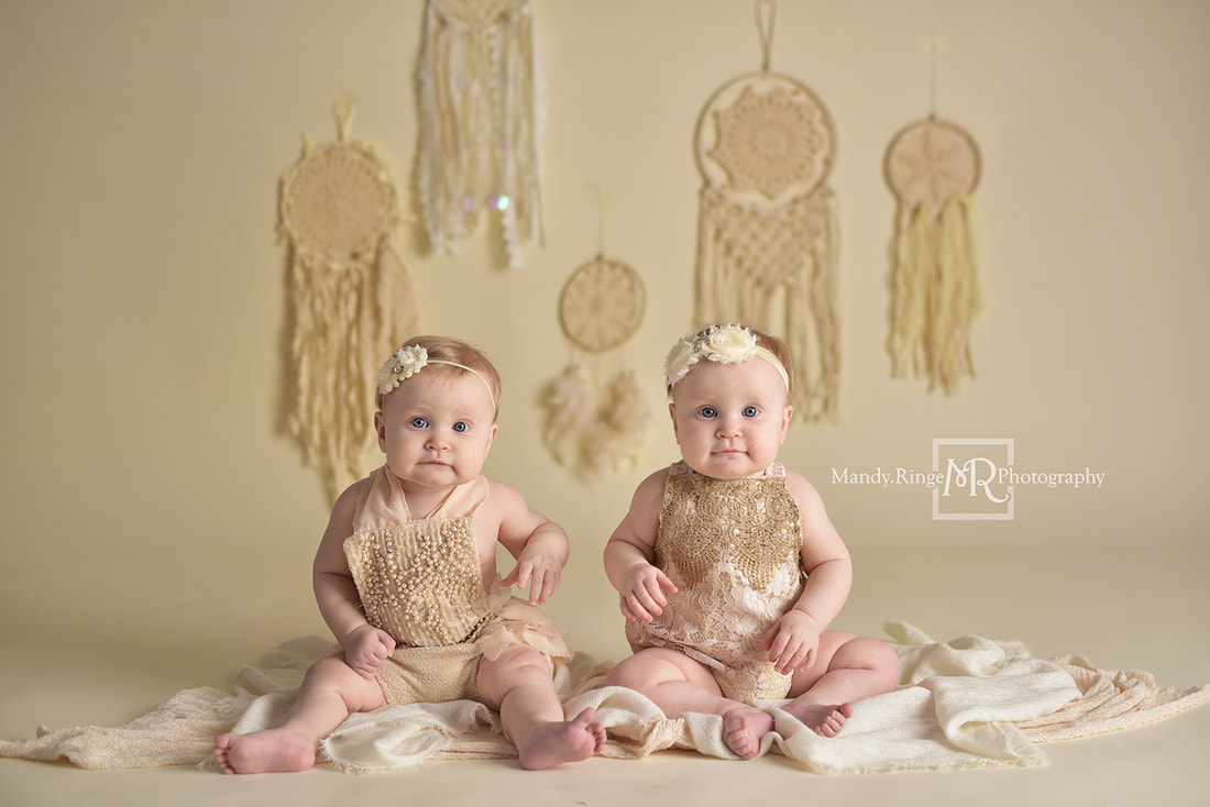 Twin girl sitter session // neutral colors, cream, ivory, bone, boho, elegant, chic, dreamcatchers, simple, identical, milestone, 8 months old // St. Charles, IL studio // by Mandy Ringe Photography
