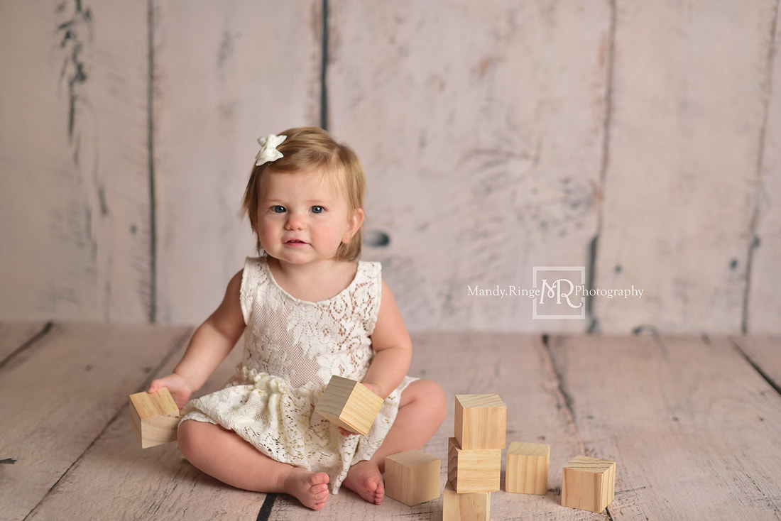 Milestone Session // Girl sitter session, 6 to 12 months, Outfit from Cora & Violet, Backdrop from Intuitions Backdrops // St. Charles, IL studio // Mandy Ringe Photography