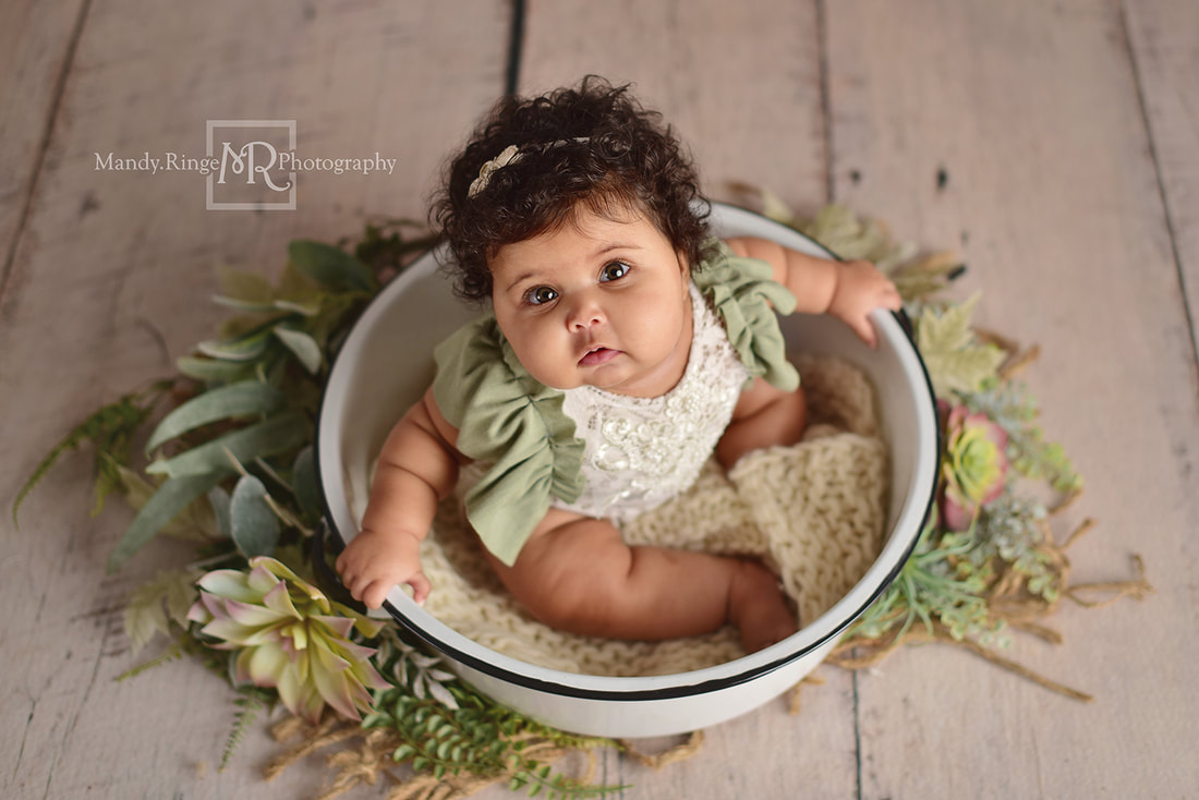 Milestone Session // Girl sitter session, 6 to 12 months, greenery, romper from Sew Darn Cute, Backdrop from Intuitions Backdrops // St. Charles, IL studio // Mandy Ringe Photography