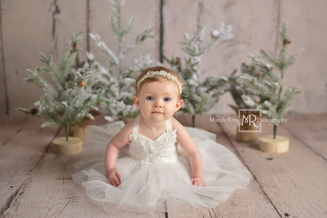 Milestone Session // Girl sitter session, 6 to 12 months, greenery, romper from Dollcake, Backdrop from Intuitions Backdrops // St. Charles, IL studio // Mandy Ringe Photography