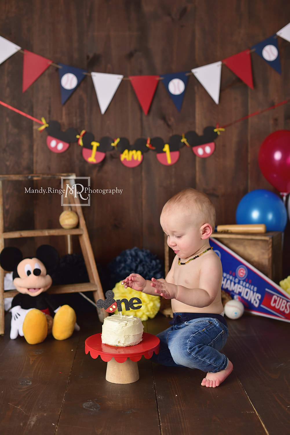 Baby boy first birthday portraits // Milestone, baseball, Mickey Mouse, Cubs, cake smash // St. Charles, IL studio // Mandy Ringe Photography