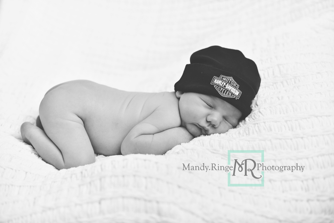 Newborn boy portraits // nude, white knit blanket, Harley Davidson hat // Client's home - travelling studio - Geneva, IL // Mandy Ringe Photography