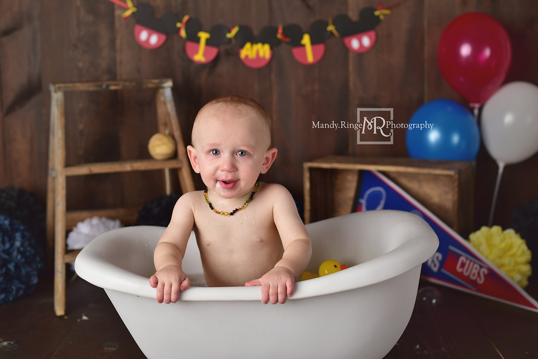 Baby boy first birthday portraits // Milestone, baseball, Mickey Mouse, Cubs, bathtub // St. Charles, IL studio // Mandy Ringe Photography