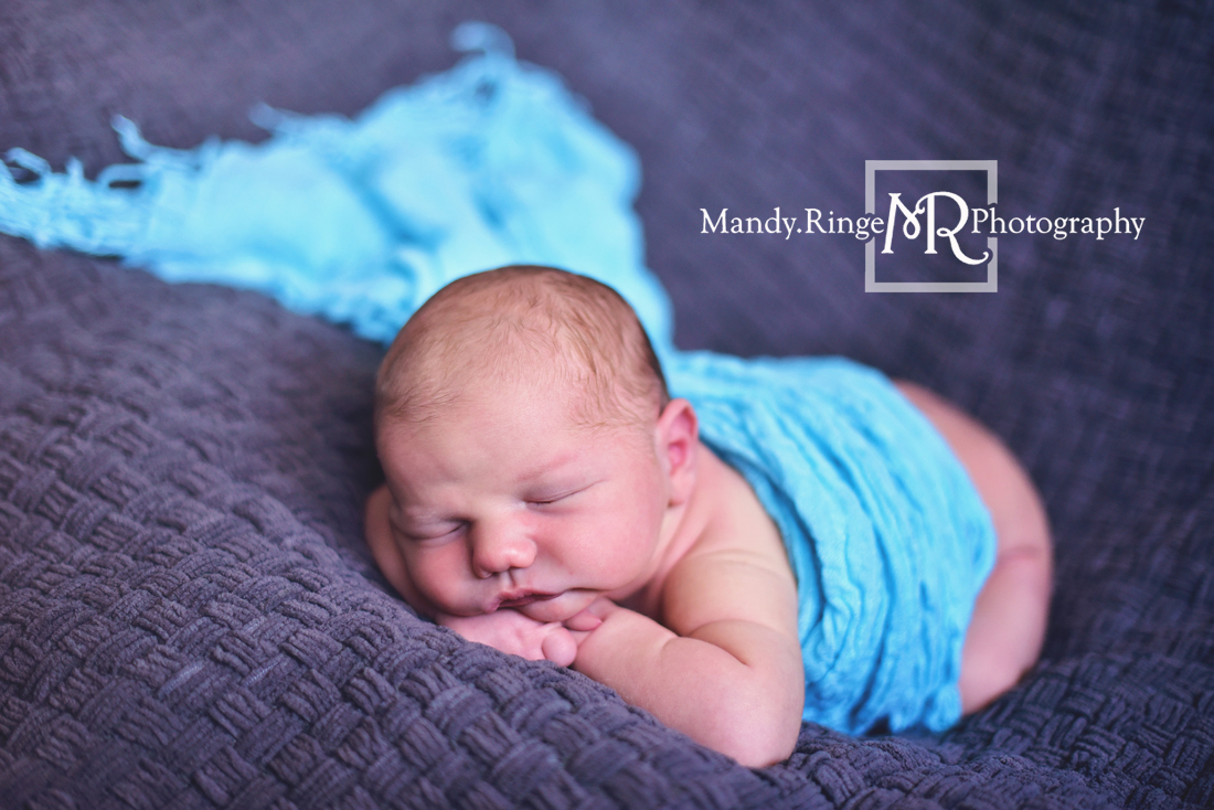Newborn boy portraits // nude, gray knit blanket, light blue scarf wrap // Client's home - travelling studio - Geneva, IL // Mandy Ringe Photography