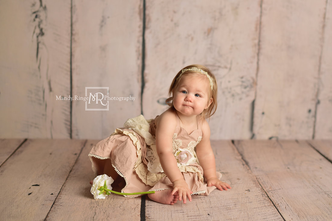 Milestone Session // Girl sitter session, 6 to 12 months, dress from Dollcake, Backdrop from Intuitions Backdrops // St. Charles, IL studio // Mandy Ringe Photography