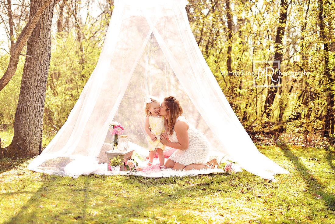 Mommy and Me styled mini session // outdoors, hoop canopy, pillows, pink, gold, gray // St Charles, IL - by Mandy Ringe Photography