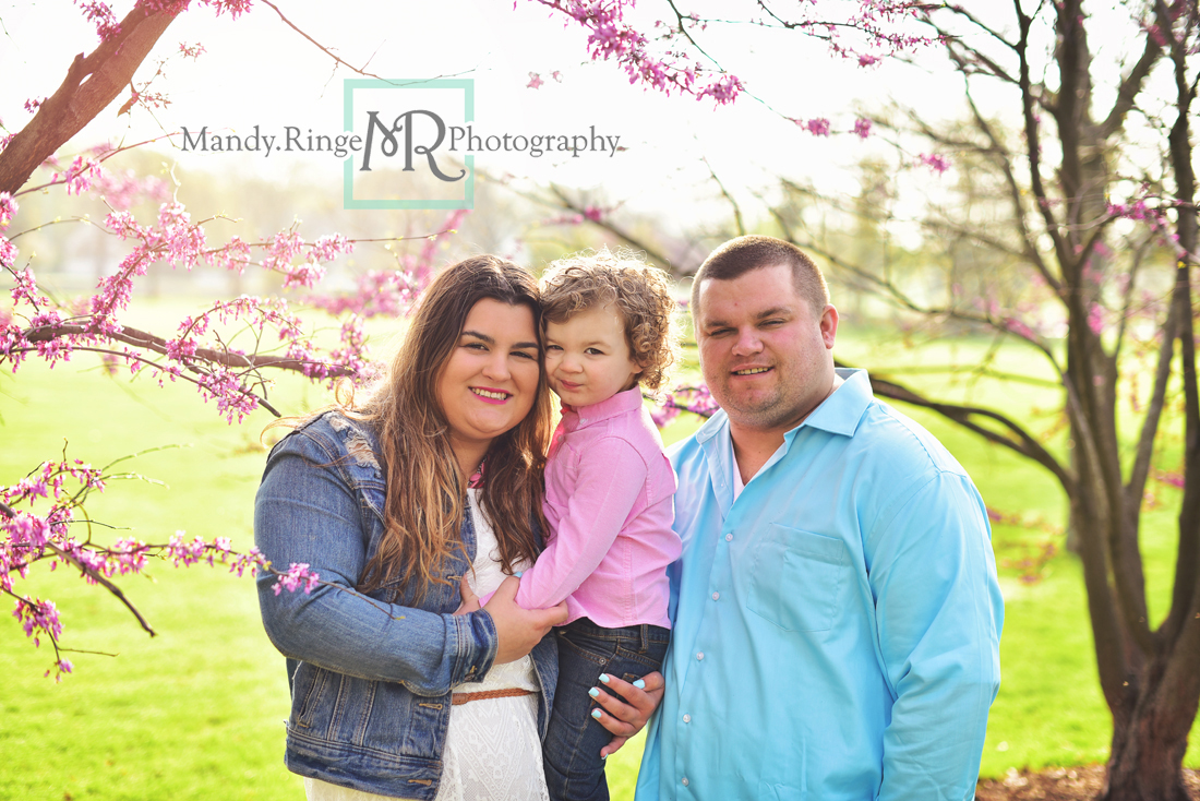 Spring family portraits // red bud tree, pink and blue, outdoors, family of three, flowers // Mount St. Mary Park - St Charles, IL // by Mandy Ringe Photography